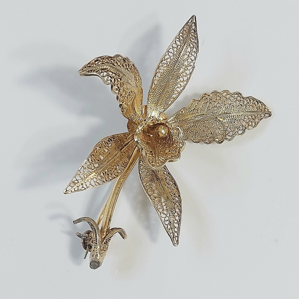 Vintage Vermeil Gold Over Silver Filigree Orchid Flower Brooch